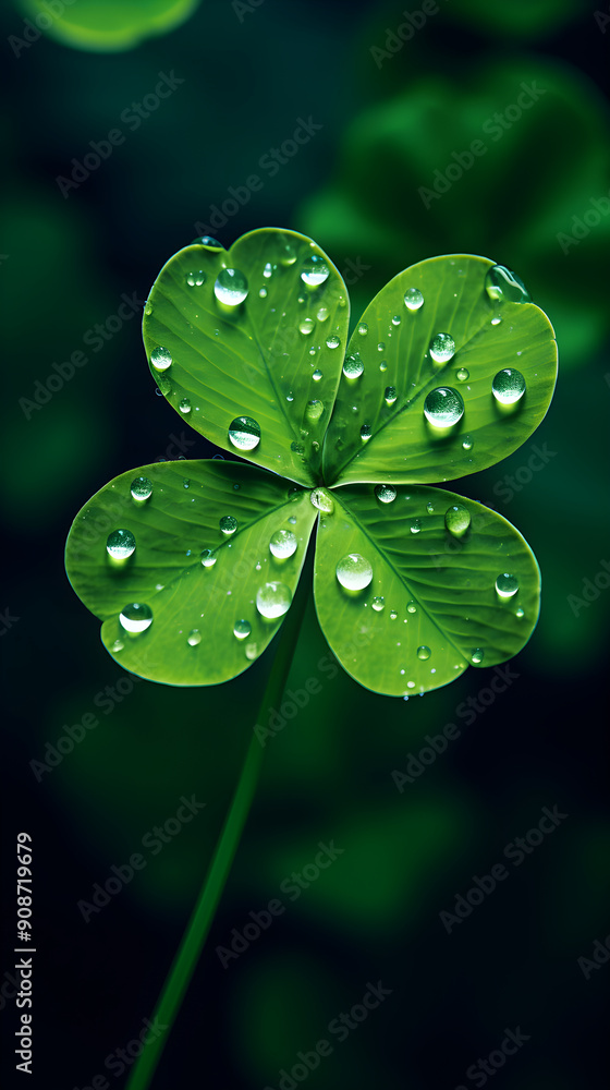 Symbol of Good Luck: Fresh Dew-kissed Four-Leaf Clover Symbol of Good Luck: Fresh Dew-kissed Four-Leaf Clover