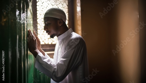 Preparing for Prayer: A Young Muslim Performing Ablution with Devotio.Generated image photo