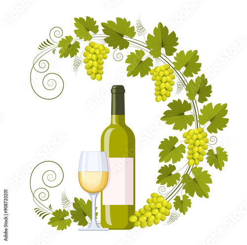 A bottle and glass of white wine and a grape branch with bunches of grapes and leaves. Ornament, pattern, design element. Wine and winemaking concept. Vector vintage pattern for menu and wine labels.