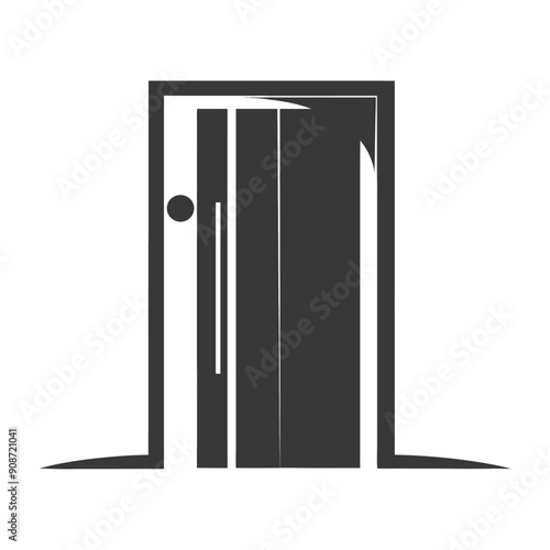 A black and white silhouette of a closed door with a round doorknob