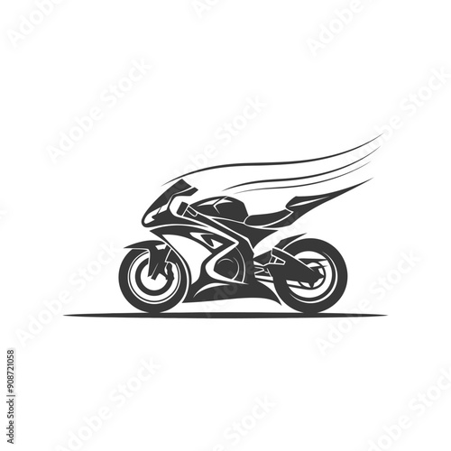 A black and white silhouette of a motorcycle speeding forward