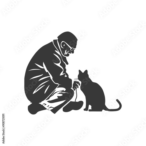 A Black and White Silhouette of an Elderly Man Kneeling with a Cat