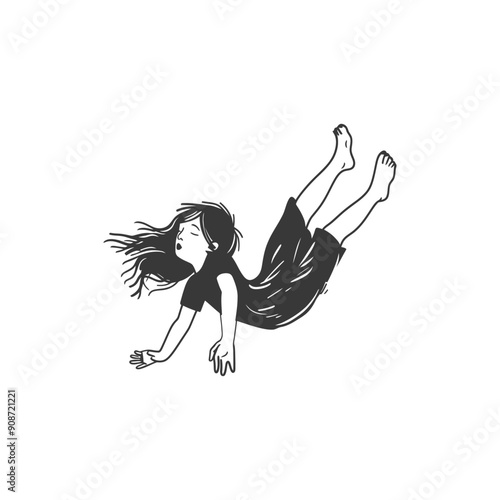 A Black and White Sketch of a Young Girl Falling