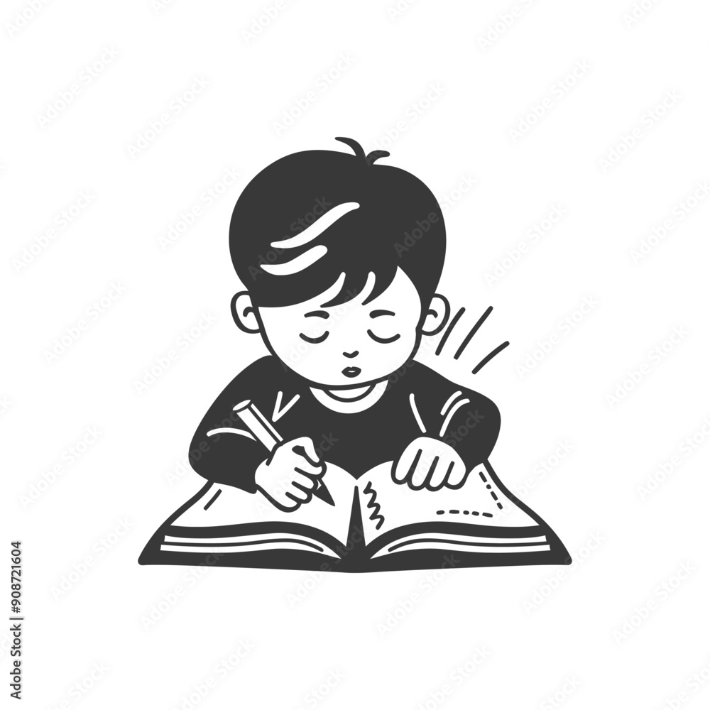 A boy diligently writing in his open book with a pencil A boy diligently writing in his open book with a pencil