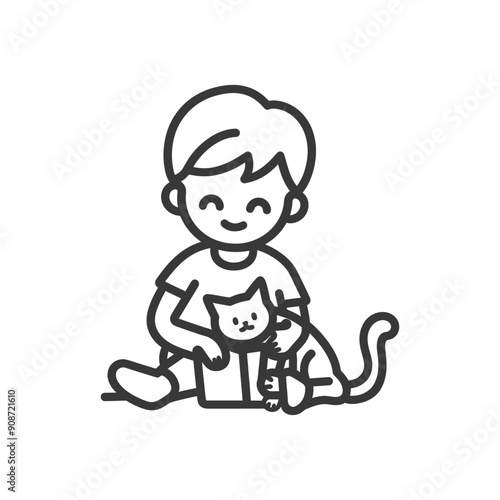 A boy sitting with his pet cat, outlined in black