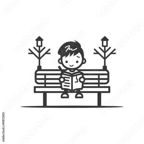 A Boy Sitting on a Bench Reading a Book with Trees