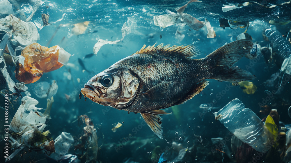 Polluted ocean with dead fish and plastic waste, highlighting the impact on ocean life. Polluted ocean with dead fish and plastic waste, highlighting the impact on ocean life.