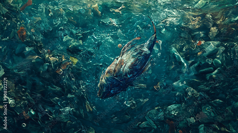Fototapeta premium Polluted ocean with dead fish and plastic waste, highlighting the impact on ocean life.