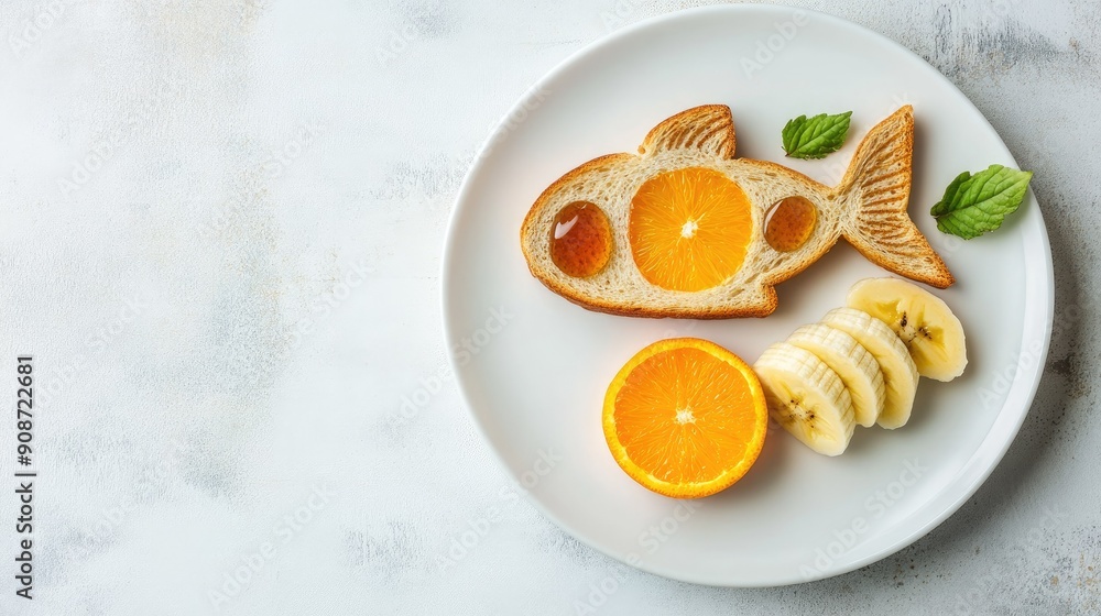 Adorable fish-shaped sandwich toast with banana, apple, orange, and honey on a white plate. Space for text. Adorable fish-shaped sandwich toast with banana, apple, orange, and honey on a white plate. Space for text.