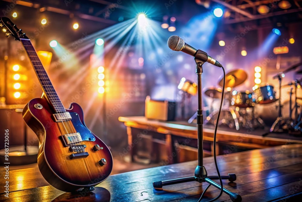 Electric guitar on stage spotlight, microphone and amplifier in ...