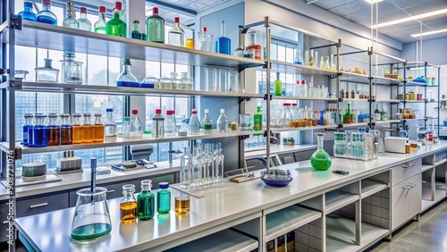 A clean and organized laboratory setting features shelves stocked with various bottles and equipment, awaiting experimentation and discovery in a scientific environment.