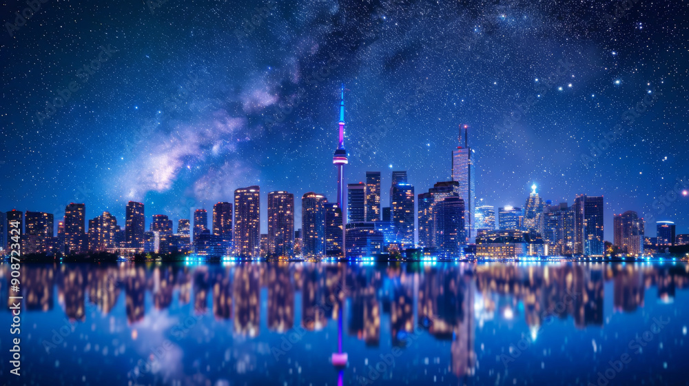 Fototapeta premium Stunning Nighttime Cityscape with Illuminated Skyline and Starry Sky Reflected in Water