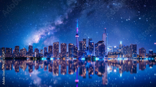 Wallpaper Mural Stunning Nighttime Cityscape with Illuminated Skyline and Starry Sky Reflected in Water Torontodigital.ca