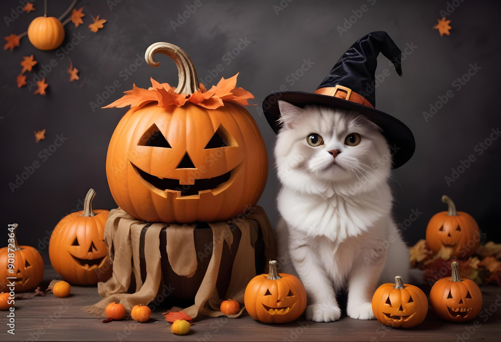A cute cat wearing a witch's hat, surrounded by orange pumpkin decorations, on a dark gray background A cute cat wearing a witch's hat, surrounded by orange pumpkin decorations, on a dark gray background