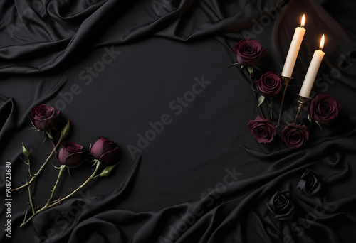 A dark romance background of roses and candles on the black silk satin. Gothic aesthetics