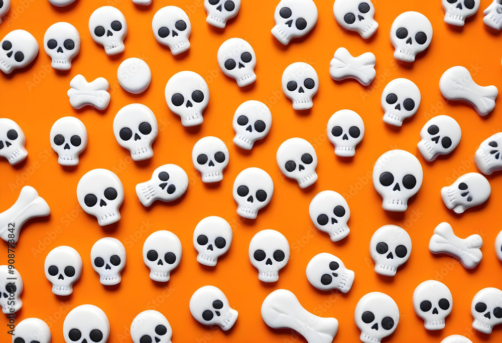 A random cute candy white skull shape scattered across a bright orange background, Halloween season A random cute candy white skull shape scattered across a bright orange background, Halloween season