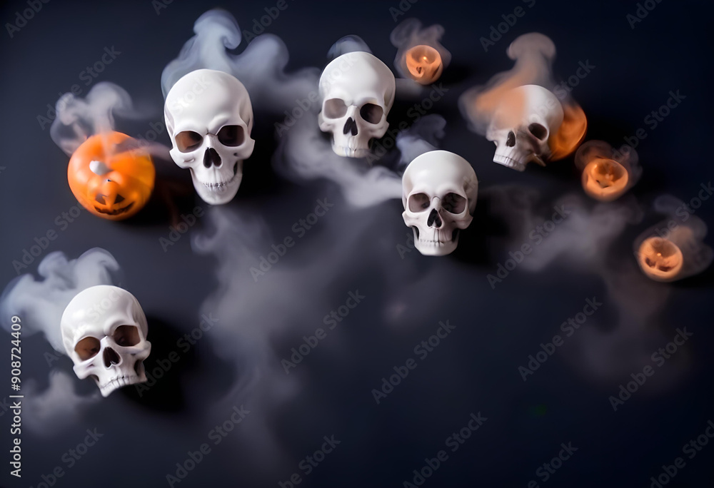 Top view on skulls and pumpkins with for around on black background, Halloween horror theme background Top view on skulls and pumpkins with for around on black background, Halloween horror theme background