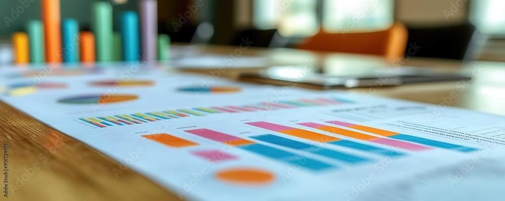 Colorful data charts and graphs displayed on a wooden table in a collaborative workspace highlighting analytical insights. Colorful data charts and graphs displayed on a wooden table in a collaborative workspace highlighting analytical insights.