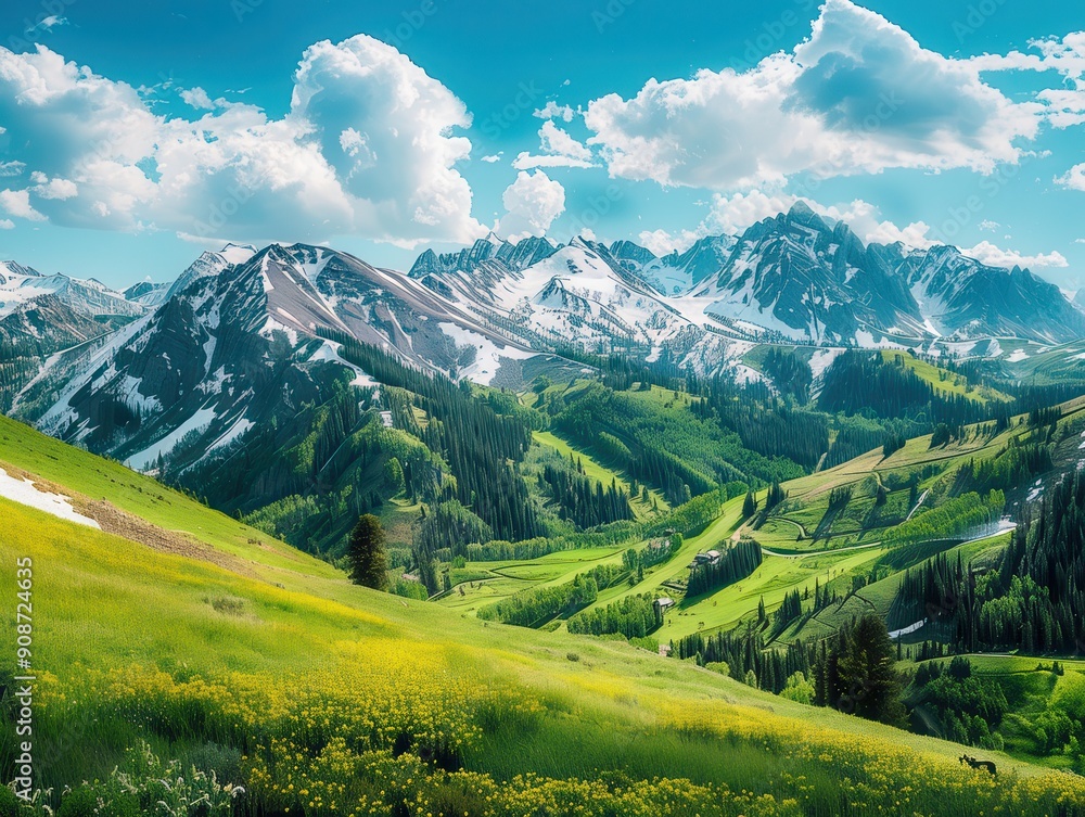 Obraz premium The unique contrast of a summer visit to a ski resort at noon. An intriguing and picturesque painting showing summer greenery against the background of snow-capped peaks. Mountain valleys, mountain la