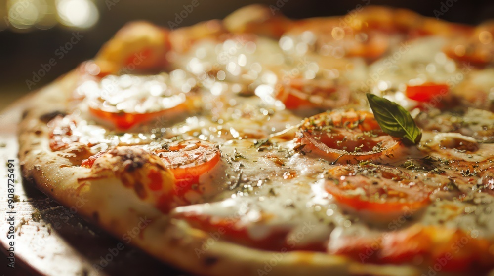 Appetizing scene of gourmet pizza using macro lens. An appetizing and inviting backdrop. Delicious pizza with stringy cheese Appetizing scene of gourmet pizza using macro lens. An appetizing and inviting backdrop. Delicious pizza with stringy cheese
