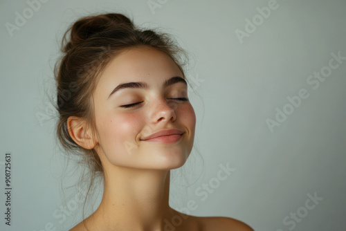 A close up of a girl's face with her eyes closed