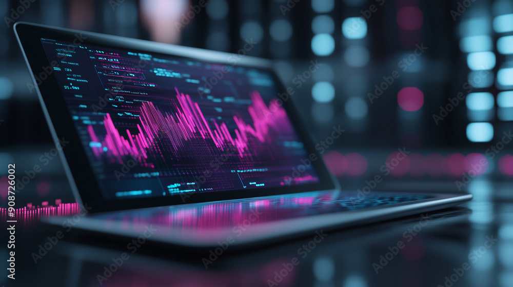 Fototapeta premium Digital financial analysis displayed on a tablet with holographic effects, clean background, tech