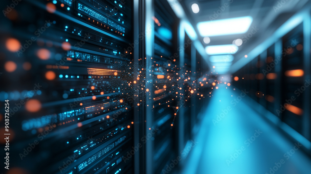 Naklejka premium Data center with bright data connections flowing through servers, clean, tech