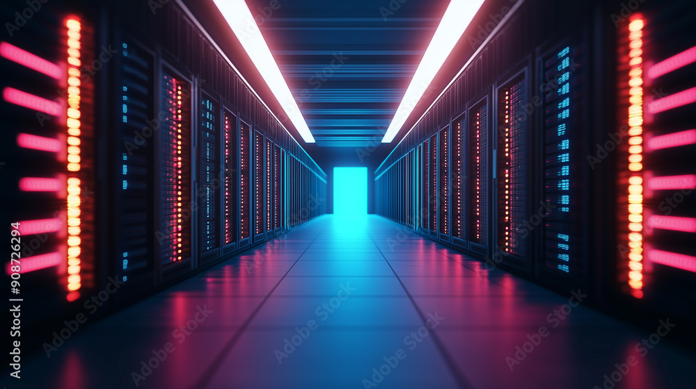 Fototapeta premium Futuristic data center with glowing data pathways and server racks, simple background, technology