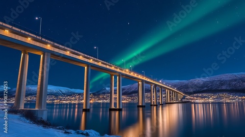 Aurora borealis, also called the Northern Lights, can be seen in the skies over Tromso, Norway, along with the Sandnessundet Bridge.