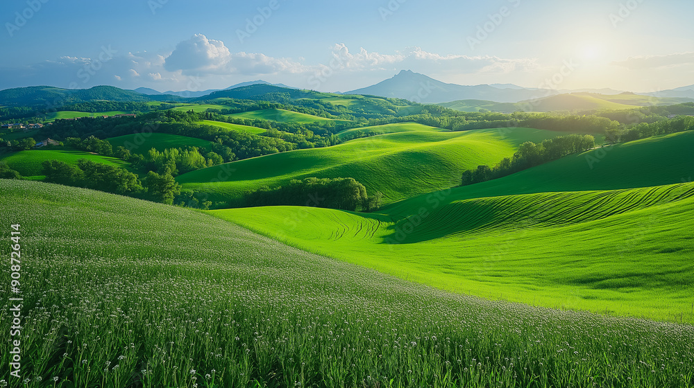 Fototapeta premium Vibrant green hills landscape, rolling hills and clear skies, serene natural beauty