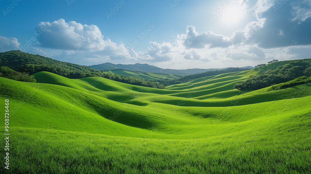 Vibrant green hills landscape, rolling hills and clear skies, serene natural beauty Vibrant green hills landscape, rolling hills and clear skies, serene natural beauty