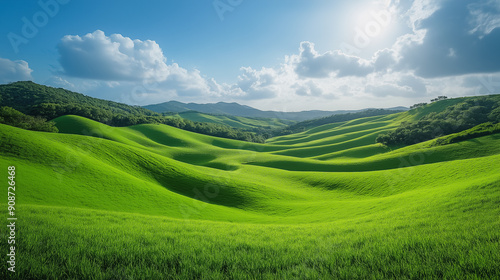 Rolling green hills landscape under a clear blue sky
