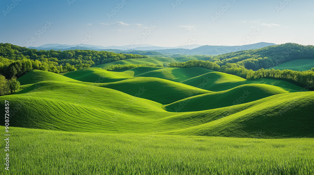 Fototapeta premium Lush green hills landscape, rolling terrain under a clear blue sky, vibrant and serene