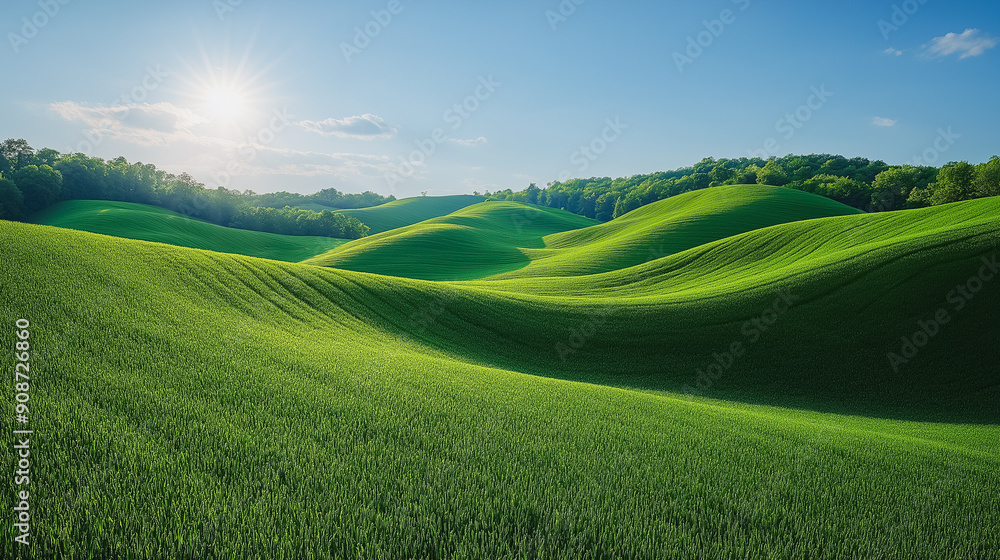 Lush green hills landscape, rolling terrain under a clear blue sky, vibrant and serene Lush green hills landscape, rolling terrain under a clear blue sky, vibrant and serene