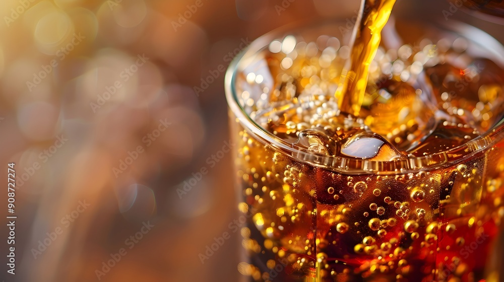 Close up of Pouring Effervescent Soda with Sparkling Bubbles and Amber Hue in Transparent Glass Close up of Pouring Effervescent Soda with Sparkling Bubbles and Amber Hue in Transparent Glass