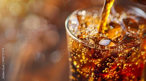 Close up of Pouring Effervescent Soda with Sparkling Bubbles and Amber Hue in Transparent Glass