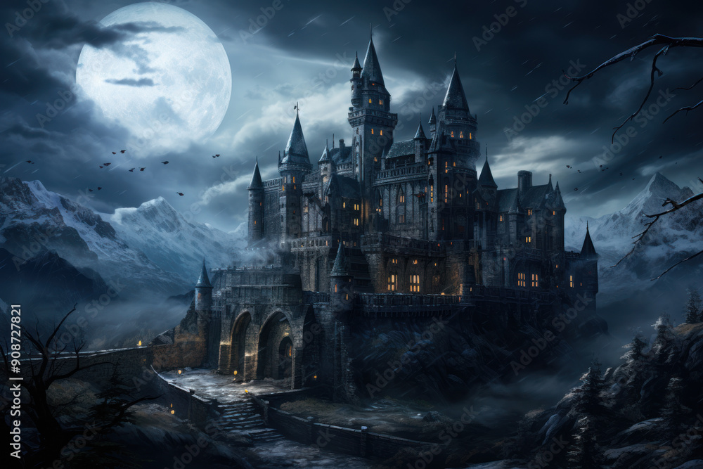 Scary gloomy castle at Halloween night, spooky dark Gothic mansion in mountain, haunted old house in full moon. Concept of horror, mystery, fantasy, landscape Scary gloomy castle at Halloween night, spooky dark Gothic mansion in mountain, haunted old house in full moon. Concept of horror, mystery, fantasy, landscape