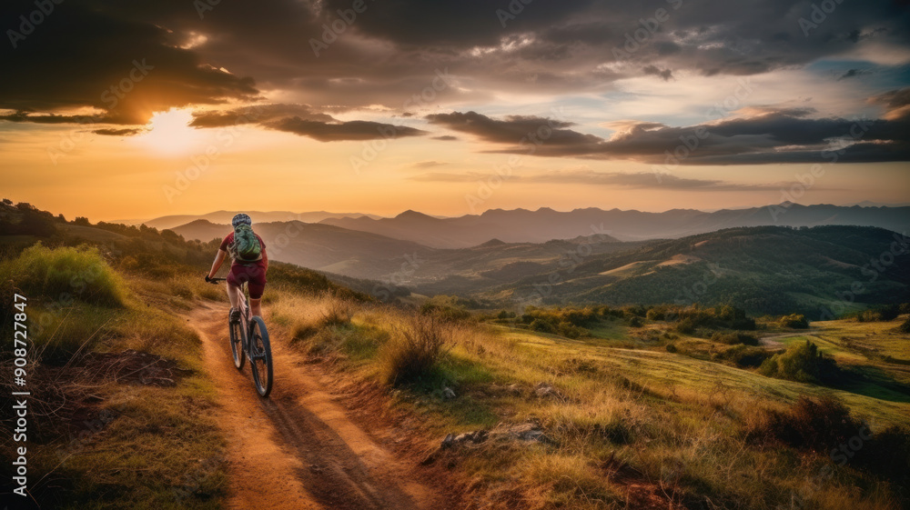 Obraz premium Young woman drives sports bike on mountain trail at sunset, back view of female person on bicycle on landscape background. Concept of cyclist, nature, fitness, mtb, travel