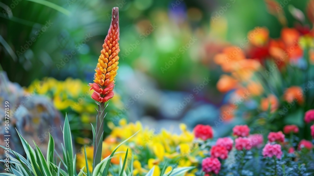 Vibrant Asphodelus Fistulosus Spike in a Colorful Garden Setting Vibrant Asphodelus Fistulosus Spike in a Colorful Garden Setting