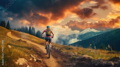 Young woman drives sports bike on mountain trail at sunset, back view of female person on bicycle on landscape background. Concept of nature, rider, fitness, mtb, travel.