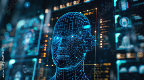 Facial recognition technology, human face with data of AI biometric system on computer screen, 3d digital scanning of person. Concept of verification, people.