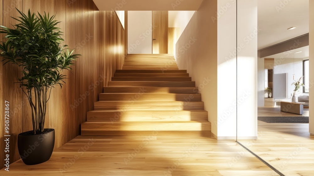 Modern Staircase in a Bright, Sunlit Hallway Modern Staircase in a Bright, Sunlit Hallway