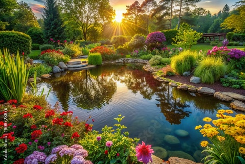 Serenely lit tranquil garden scene with lush greenery, colorful flowers, and a peaceful pond, exuding harmony and balance, perfect for wellness and self-care. photo