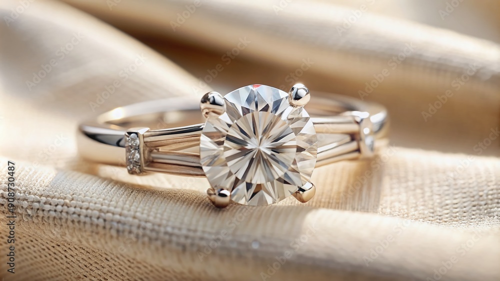 Elegant close-up of a finger adorned with a luxurious diamond solitaire engagement ring and a delicate baguette-cut diamond band on a soft, creamy background.