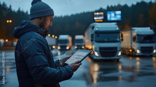 Detailed shot of a logistics manager using a digital tablet to monitor truck locations and delivery schedules at a highway rest stop, with a fleet of trucks in the background and an electronic sign