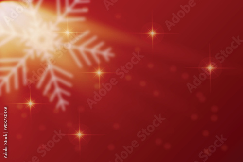 White snowflakes Sunlit blurred defocused illustration Red background Merry Christmas Happy New Year Copy space Greeting card Poster Banner Modern shining design Winter December mood Golden stars