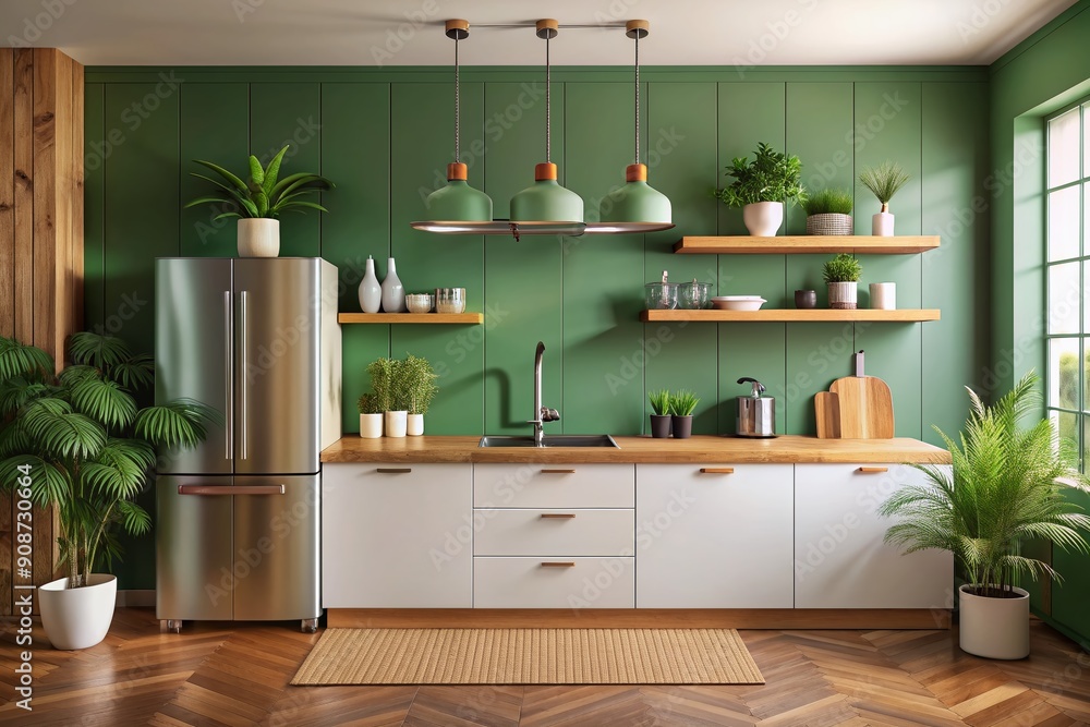 Modern minimalist kitchen with green accent wall and retro-style green refrigerator, wooden countertop, sink, white facades, and potted plant, surrounded by kitchen utensils. Modern minimalist kitchen with green accent wall and retro-style green refrigerator, wooden countertop, sink, white facades, and potted plant, surrounded by kitchen utensils.