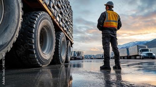 A dynamic image capturing the moment a truck driver checks the security of cargo with heavy-duty straps at a rest stop, with a focus on safety measures and the surrounding industrial landscape filled