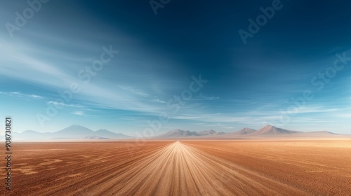 A breathtaking view of a long dirt road stretching across an endless desert landscape under a vast blue sky.