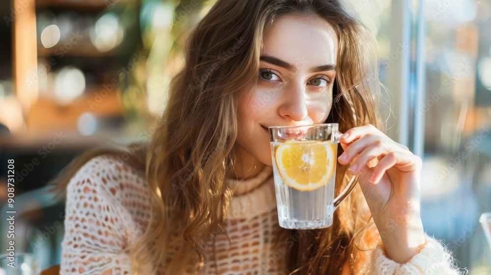 A woman sips lemon water with a smile while sitting in a sunlit café, surrounded by a welcoming atmosphere A woman sips lemon water with a smile while sitting in a sunlit café, surrounded by a welcoming atmosphere
